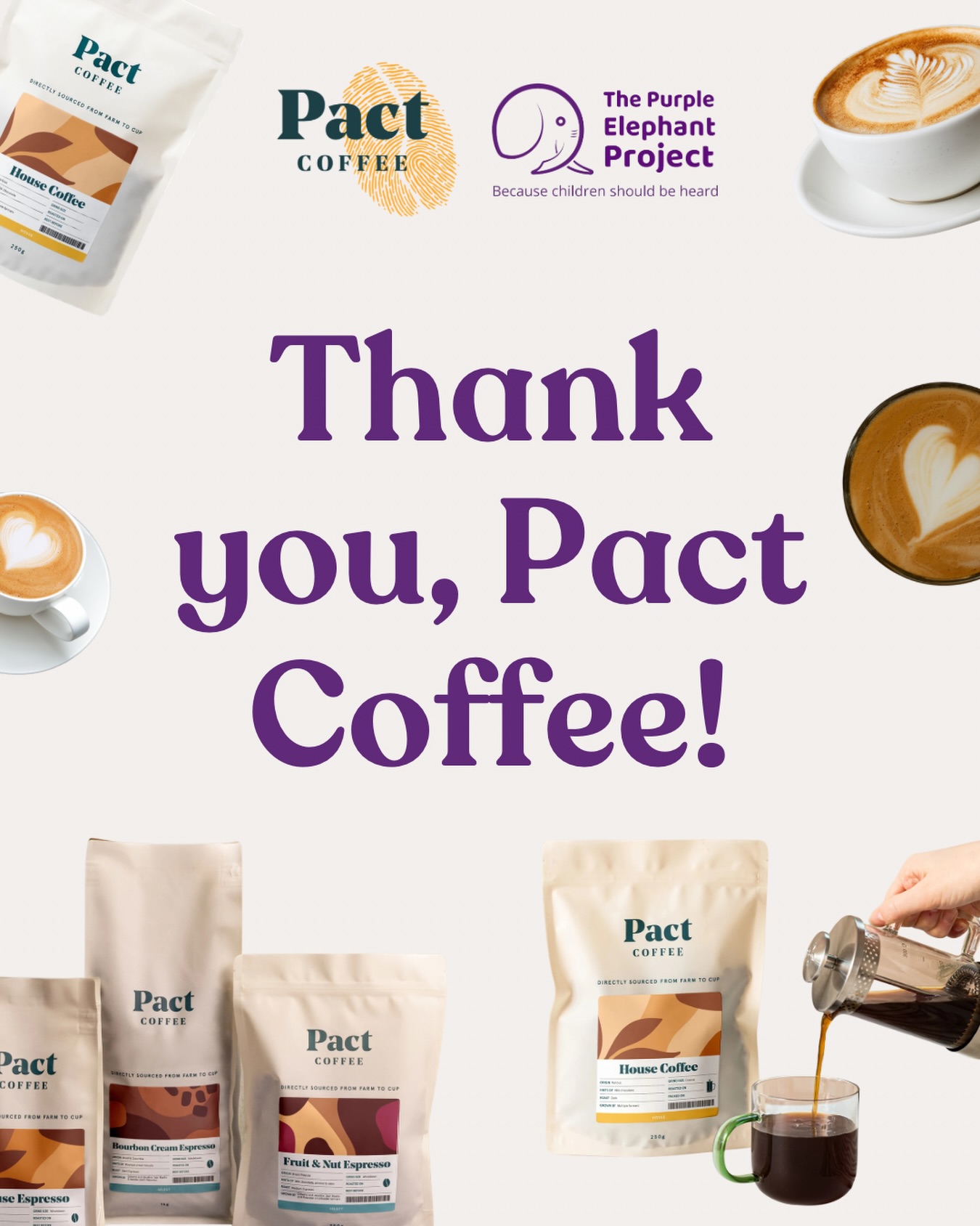 A big thank you to @pactcoffee ☕💜Part of our work at The Purple Elephant Project is caring for the whole family. While a child is in a session at our Hub, we want parents and carers to feel comfortable, welcome and looked after too.Offering a coffee and somewhere to sit is one small part of creating that environment. Thanks to Pact, we’re able to offer complimentary coffee to families visiting our Hub, and they’ve also kindly donated cafetières for us to use!If you love Pact as much as we do, check them out! They’re committed to quality, working closely with coffee growers and paying a fair price for the coffee they source.Thank you so much, Pact! 💜