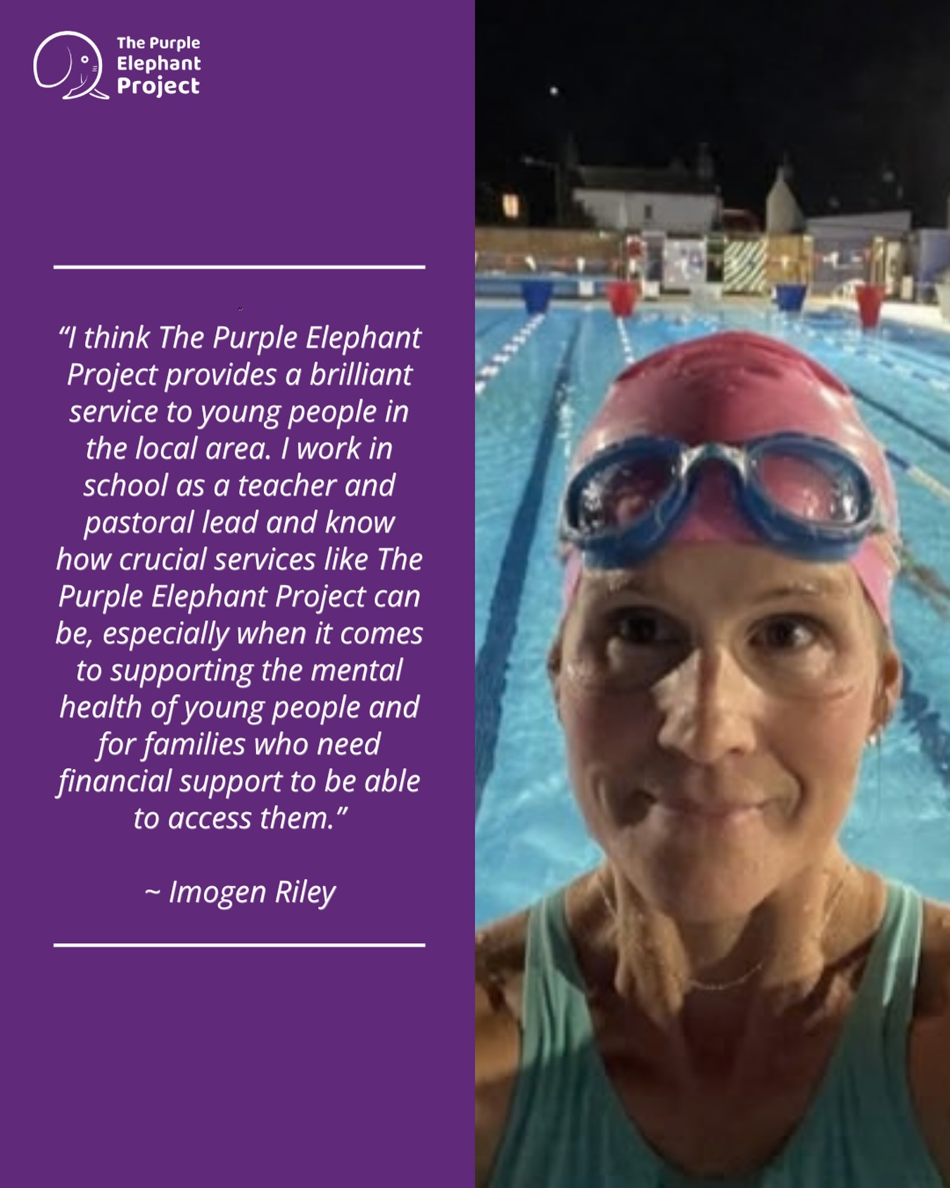 Last night, Imogen took on the Swim the Night challenge at Hampton Pool, swimming through the night to raise money for The Purple Elephant Project🌙🏊‍♀️As a teacher and pastoral lead, Imogen knows first-hand how important it is for young people to have access to the right mental health support when they need it.We’re so grateful to Imogen for choosing to support The Purple Elephant Project (again!) and for taking on such an incredible challenge for our Herd 🐘💜We hope you’re getting some well-earned rest this morning Imogen!There’s still time to support Imogen and help raise vital funds for The Purple Elephant Project. Head to the link in our bio to donate. 💜#SwimTheNight #ThePurpleElephantProject #YoungPeoplesMentalHealth #Fundraising #Herd
