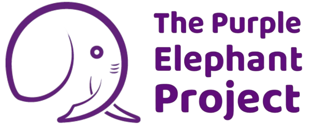 Purple outline drawing of an elephant head next to bold purple text that reads The Purple Elephant Project on a light grey background.
