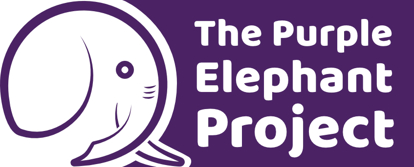 Logo of a stylised purple elephant head next to the words The Purple Elephant Project on a purple background.