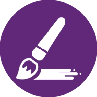 White paintbrush drawing a stroke on a solid purple circular background.