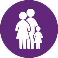 White icon of two adults and one child holding hands, displayed on a solid purple circle background.