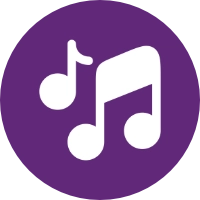White musical notes icon inside a solid purple circle, set against a light grey background.