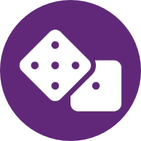Two white dice, one showing five dots and the other blank, on a purple circular background.