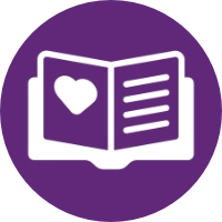 White icon of an open book with a heart on one page and lines on the other, set against a purple circular background.