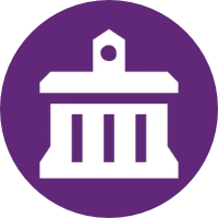 White icon of a classical government building with columns on a solid purple circular background.