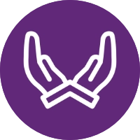 White outline of two open hands facing upwards, palms up and crossing at the wrists, on a solid purple circular background.