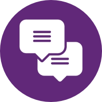Two white speech bubbles with horizontal lines, symbolising text, overlap inside a solid purple circle.