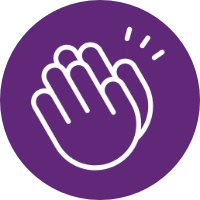 White outline of a hand clapping with motion lines, centred on a solid purple circular background.