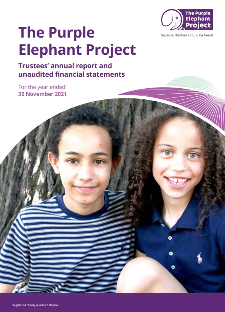 Two children, one with curly hair and one with straight hair, sit together and smile in front of a tree. The Purple Elephant Project logo and report details appear at the top of the image.