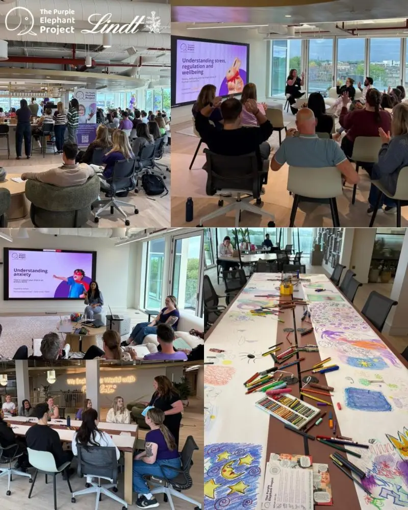 Collage of a corporate workshop with presentations, group discussions, and a long table covered with art supplies and colourful drawings. Purple Elephant Project and Lindt logos are visible.