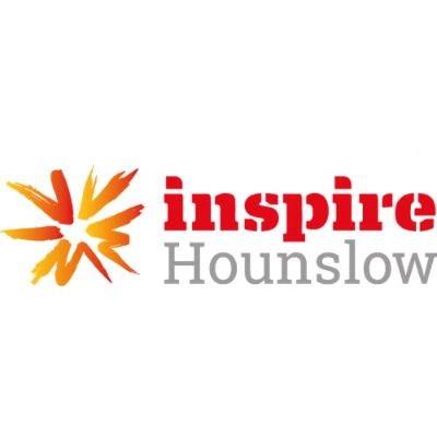 Logo with a yellow and orange abstract starburst and the words inspire Hounslow in red and grey text on a white background.