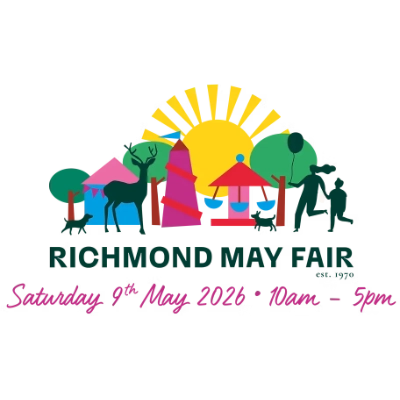 Colourful illustration of Richmond May Fair with sun, trees, tents, deer, dog, and people. Text: Richmond May Fair, Saturday 9th May 2026, 10am - 5pm.