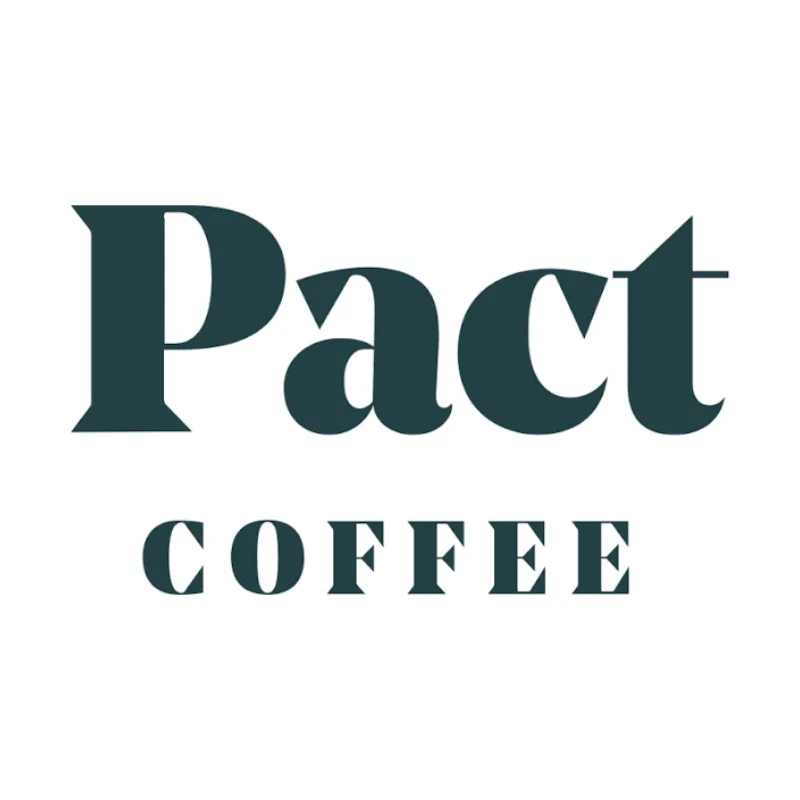 The image shows the logo for Pact Coffee, featuring the word Pact in large bold letters above the word COFFEE in smaller capital letters, both in dark green font on a white background.
