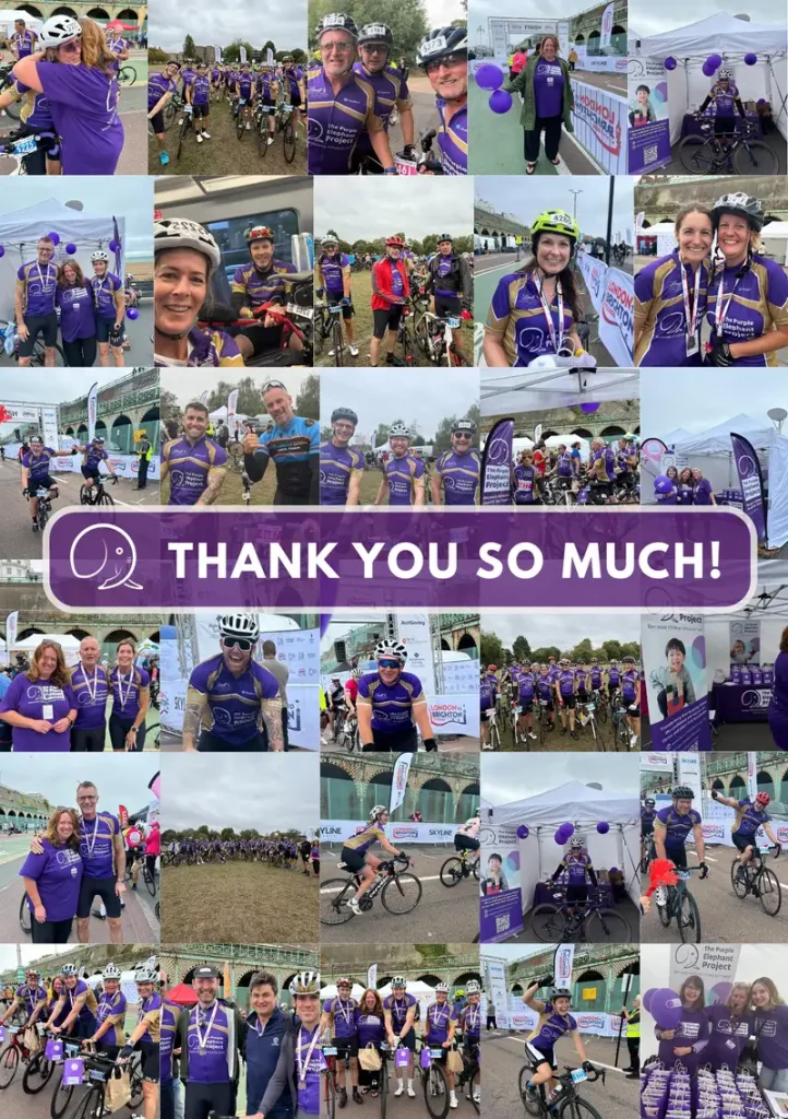 Collage of cyclists in purple jerseys at an outdoor event, posing with medals, bikes, and banners. A central banner reads THANK YOU SO MUCH! in bold white letters on a purple background.