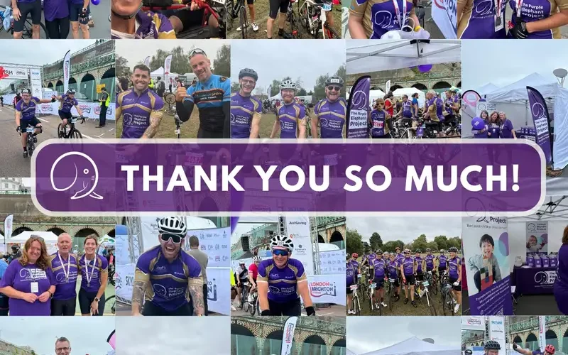 Collage of cyclists in purple jerseys at an outdoor event, posing with medals, bikes, and banners. A central banner reads THANK YOU SO MUCH! in bold white letters on a purple background.