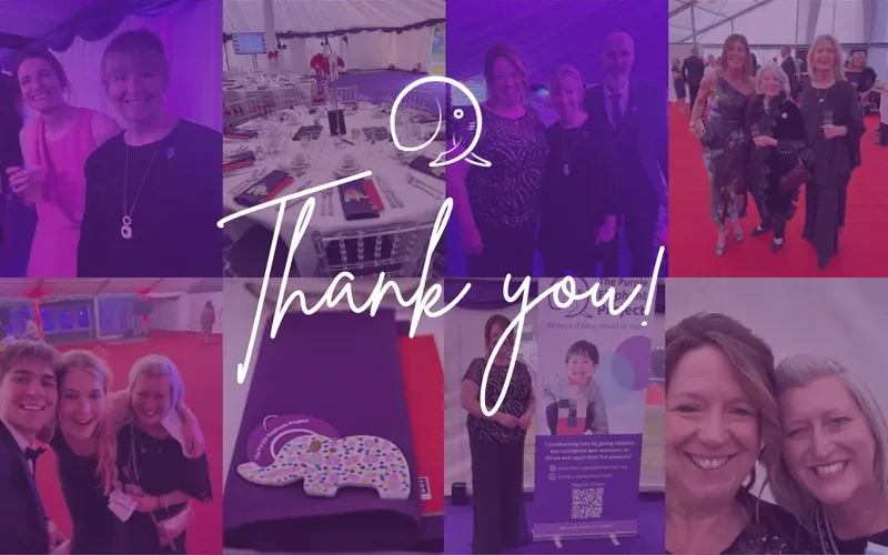 A collage of people smiling and attending an event, with a thank you message and The Purple Elephant Project mentioned at the bottom.